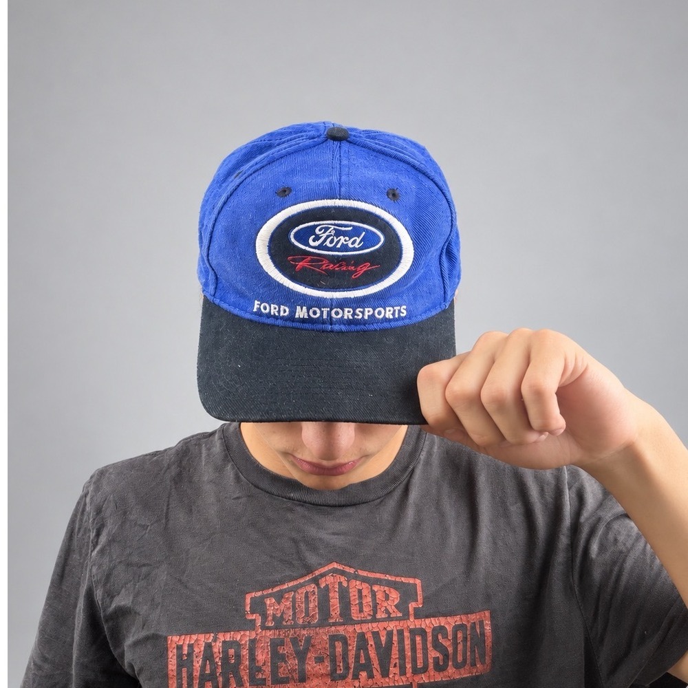 Vintage Ford Racing Motorsports Hat Blue Black Embroidered Adjustable Cap Y2K